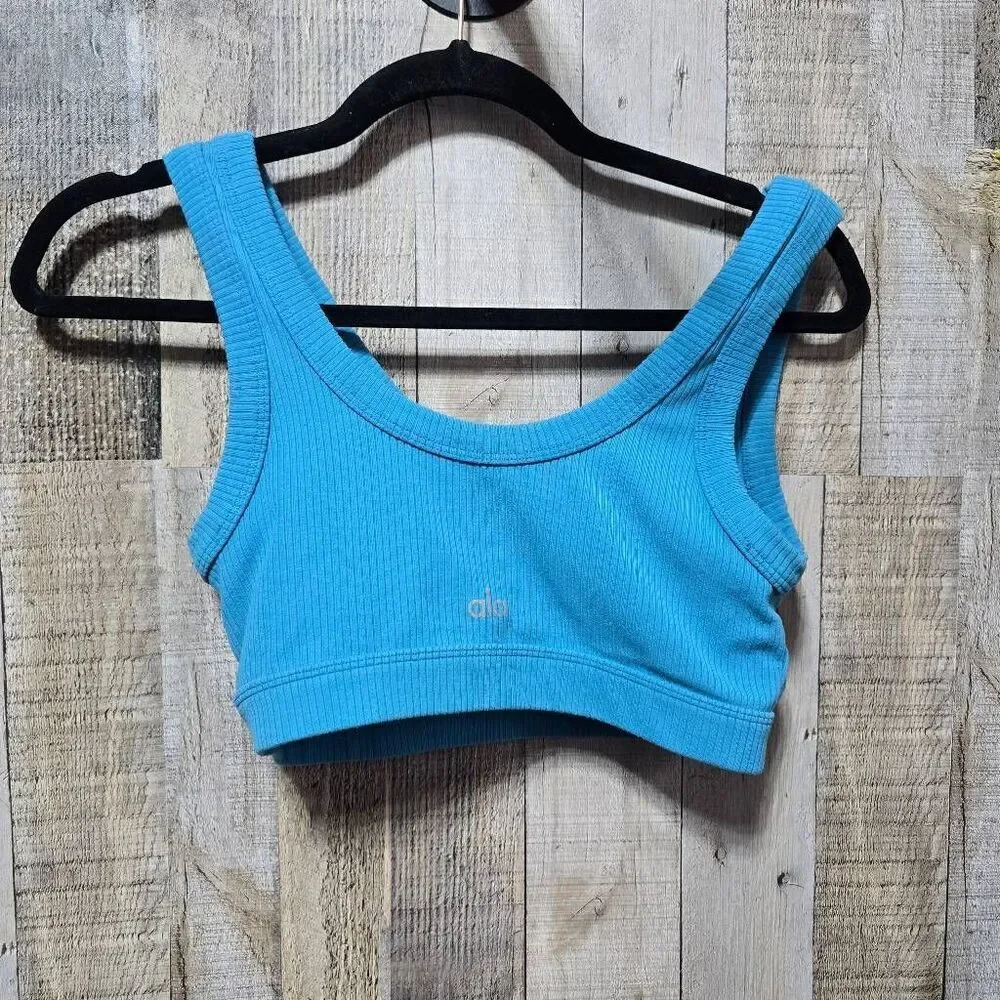 Alo Yoga Wellness Low Impact Ribbed Sports Bra In Blue Small Athletic Workout